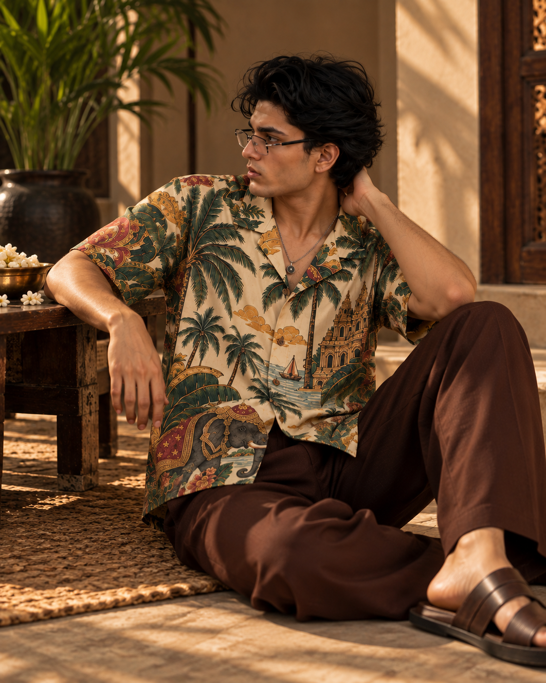Temple Palm Club men's printed casual shirt with tropical Indian resort design by ZERO CODE - view 5