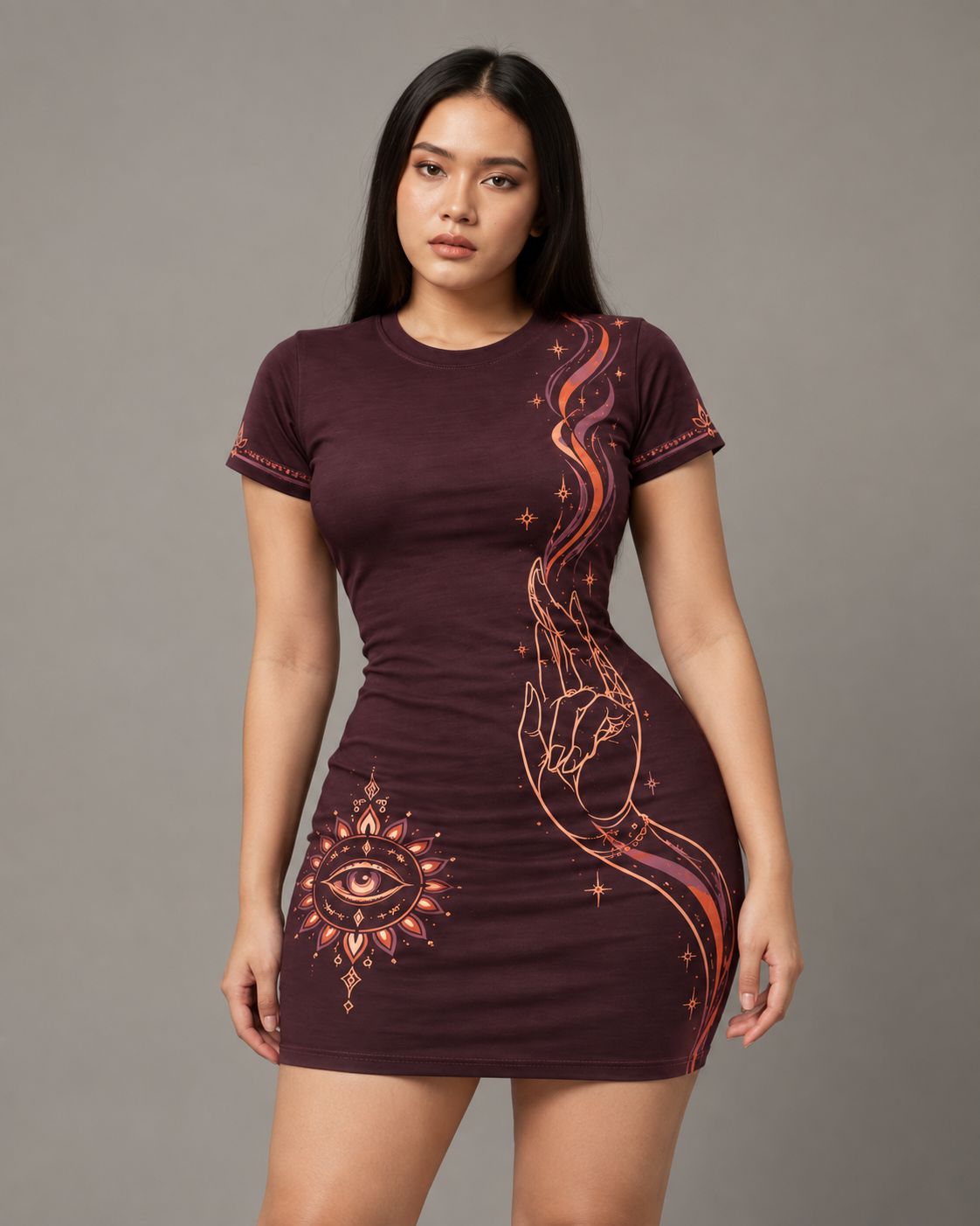 Mudra Flame women's bodycon mini dress with Theyyam anime design by ZERO CODE - view 4