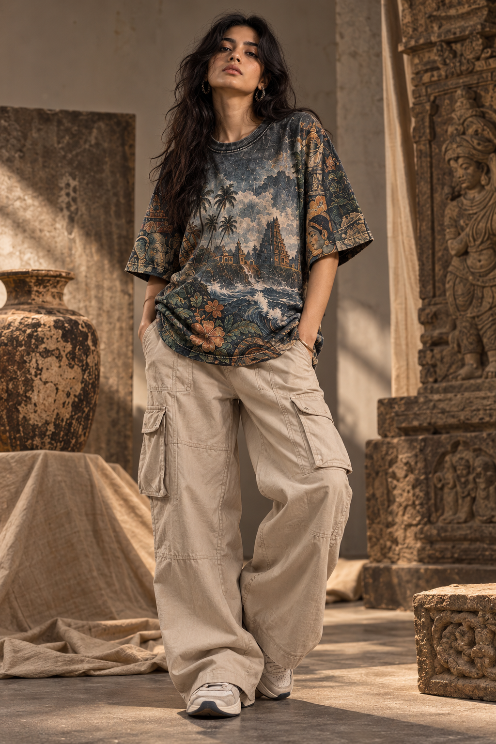 Monsoon Temple women's oversized t-shirt with tropical Indian resort design by ZERO CODE