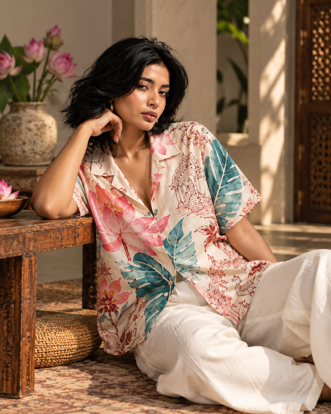 Lotus Cabana women's printed casual shirt with tropical Indian resort design by ZERO CODE - view 2