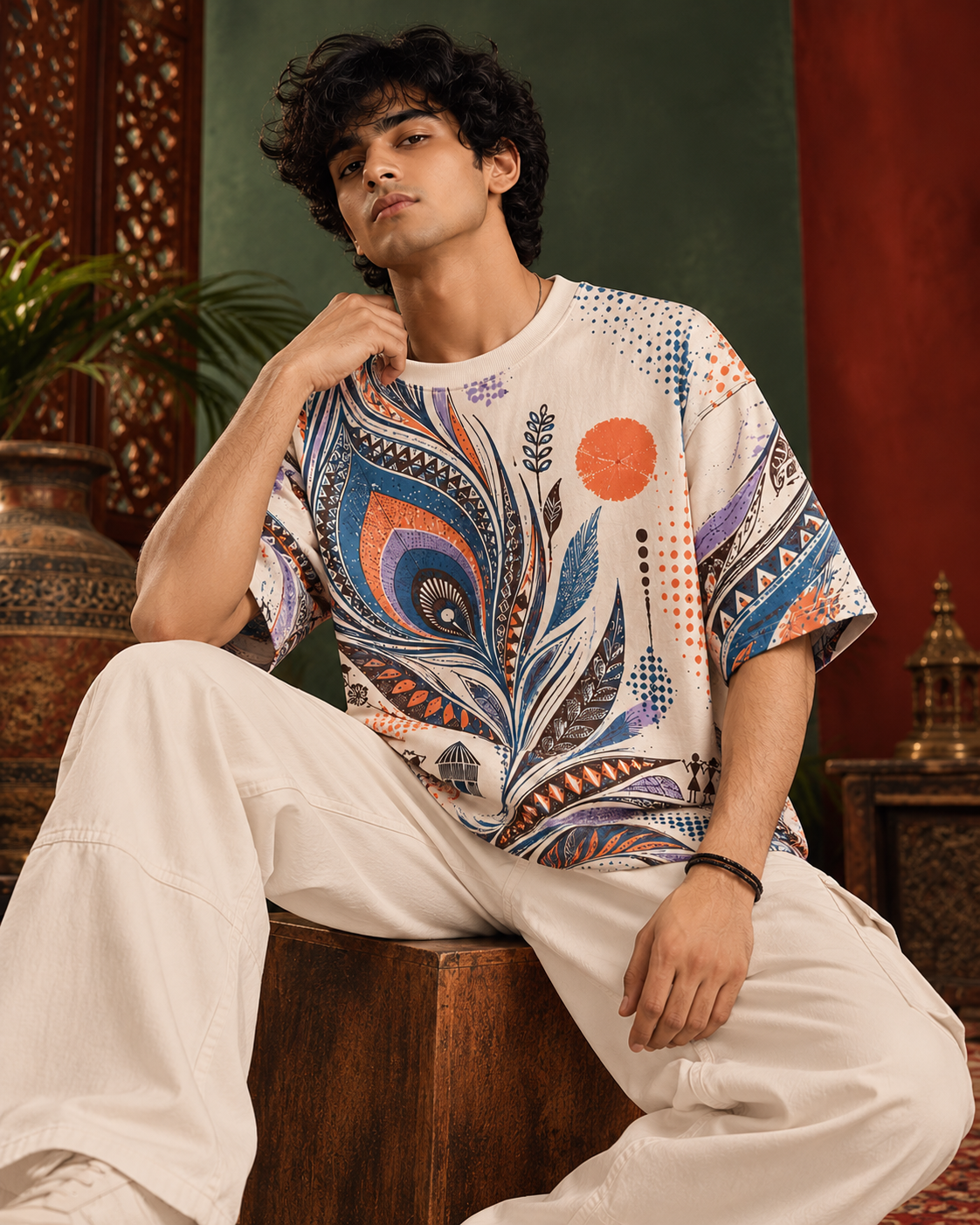 Peacock Static men's oversized t-shirt with Madhubani folk-art design by ZERO CODE - view 2