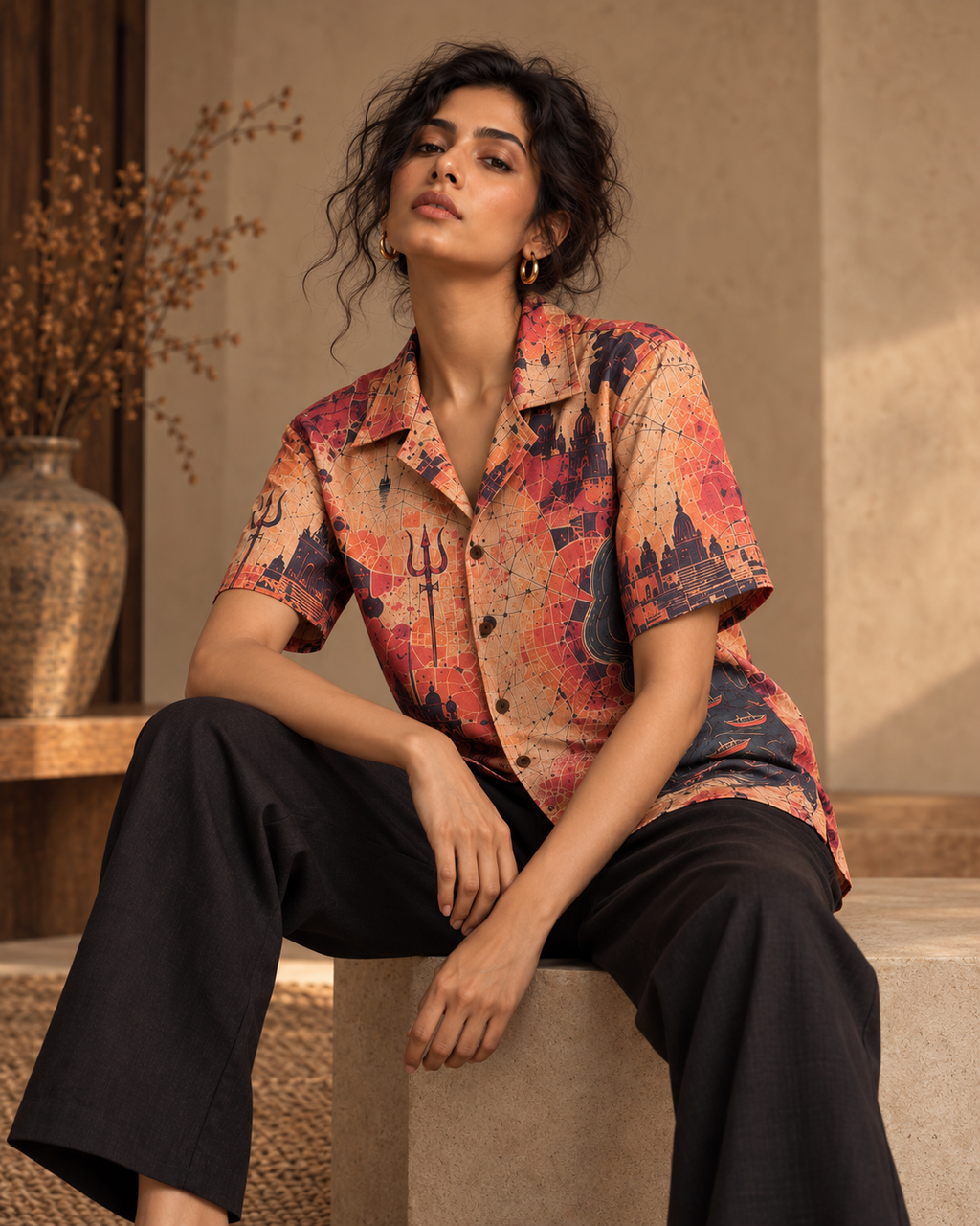 Banaras Heatmap women's printed casual shirt with dark Varanasi grunge design by ZERO CODE - view 3