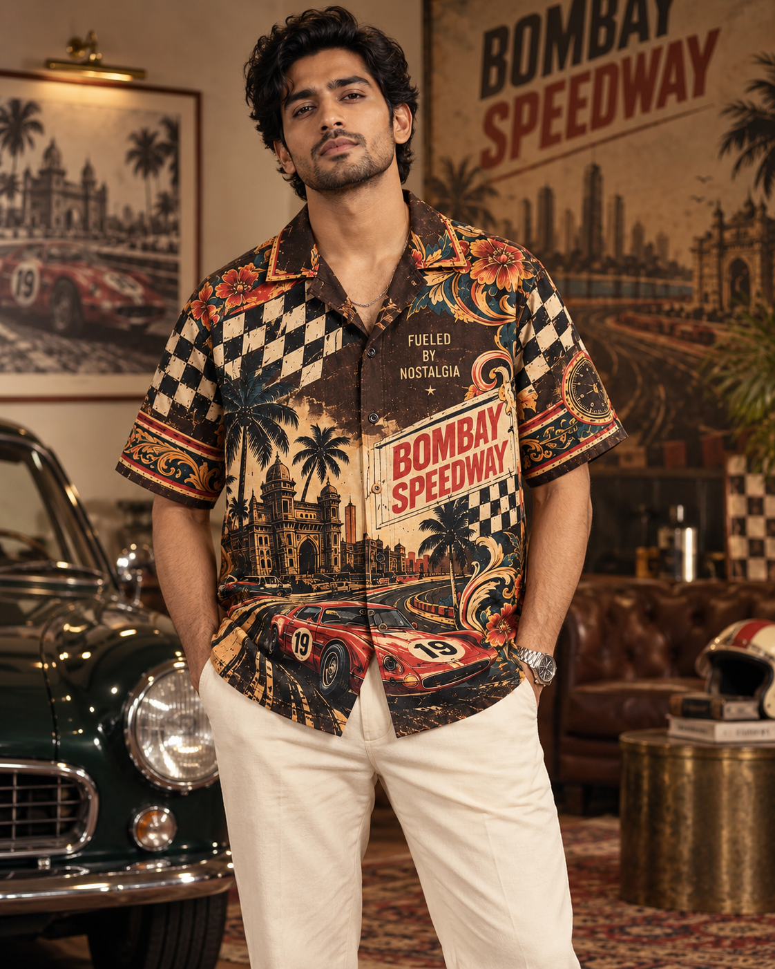 Bombay Speedway men's printed casual shirt with retro racing and Indian road-trip design by ZERO CODE - view 4