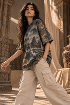Monsoon Temple women's oversized t-shirt with tropical Indian resort design by ZERO CODE - view 3