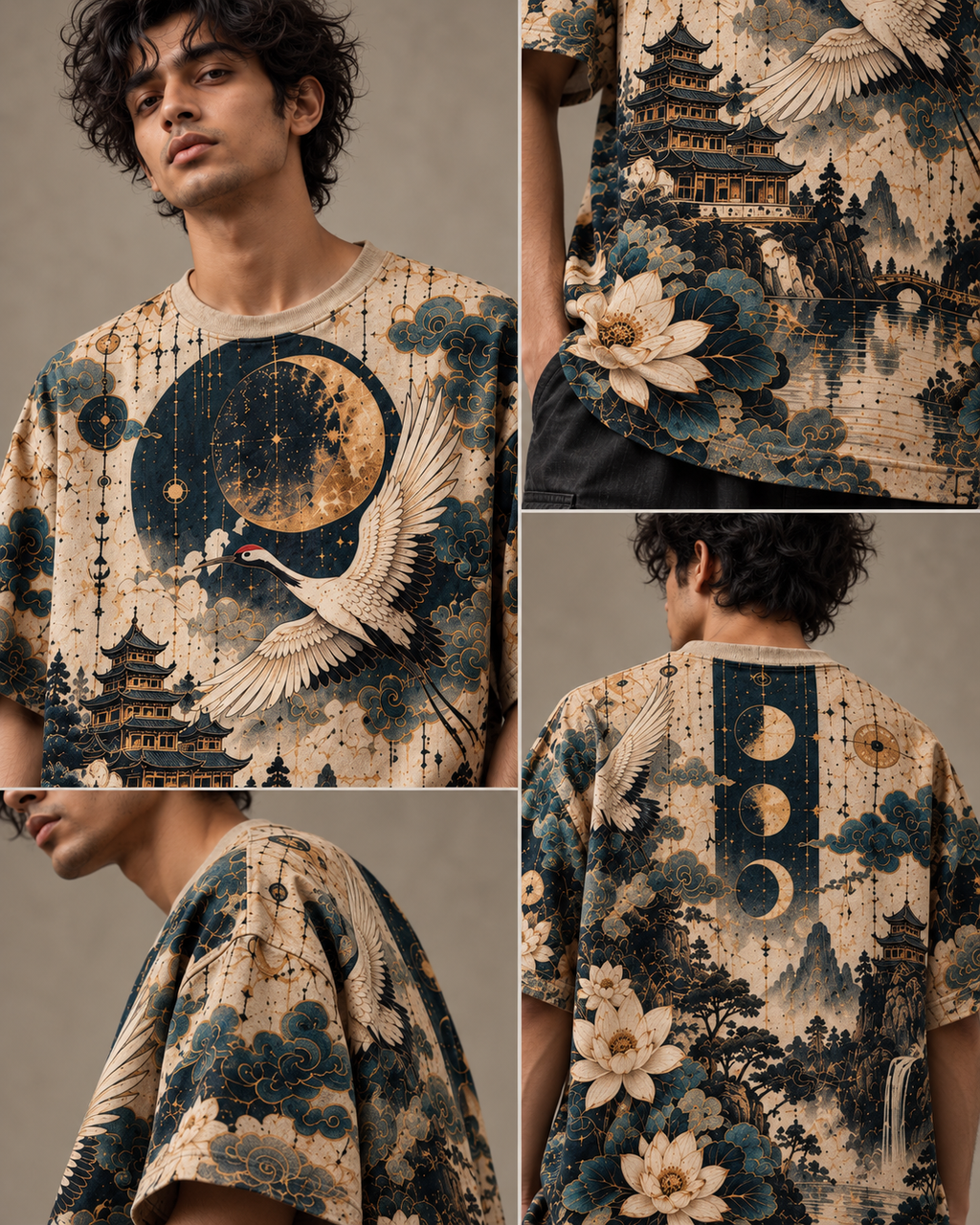 Moonlight Dreams men's oversized t-shirt with dark Varanasi grunge design by ZERO CODE - view 5