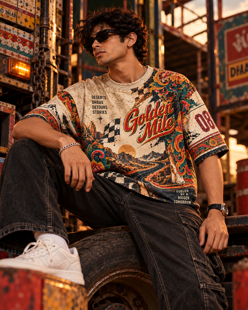 Golden Mile men's oversized t-shirt with retro racing and Indian road-trip design by ZERO CODE - view 4