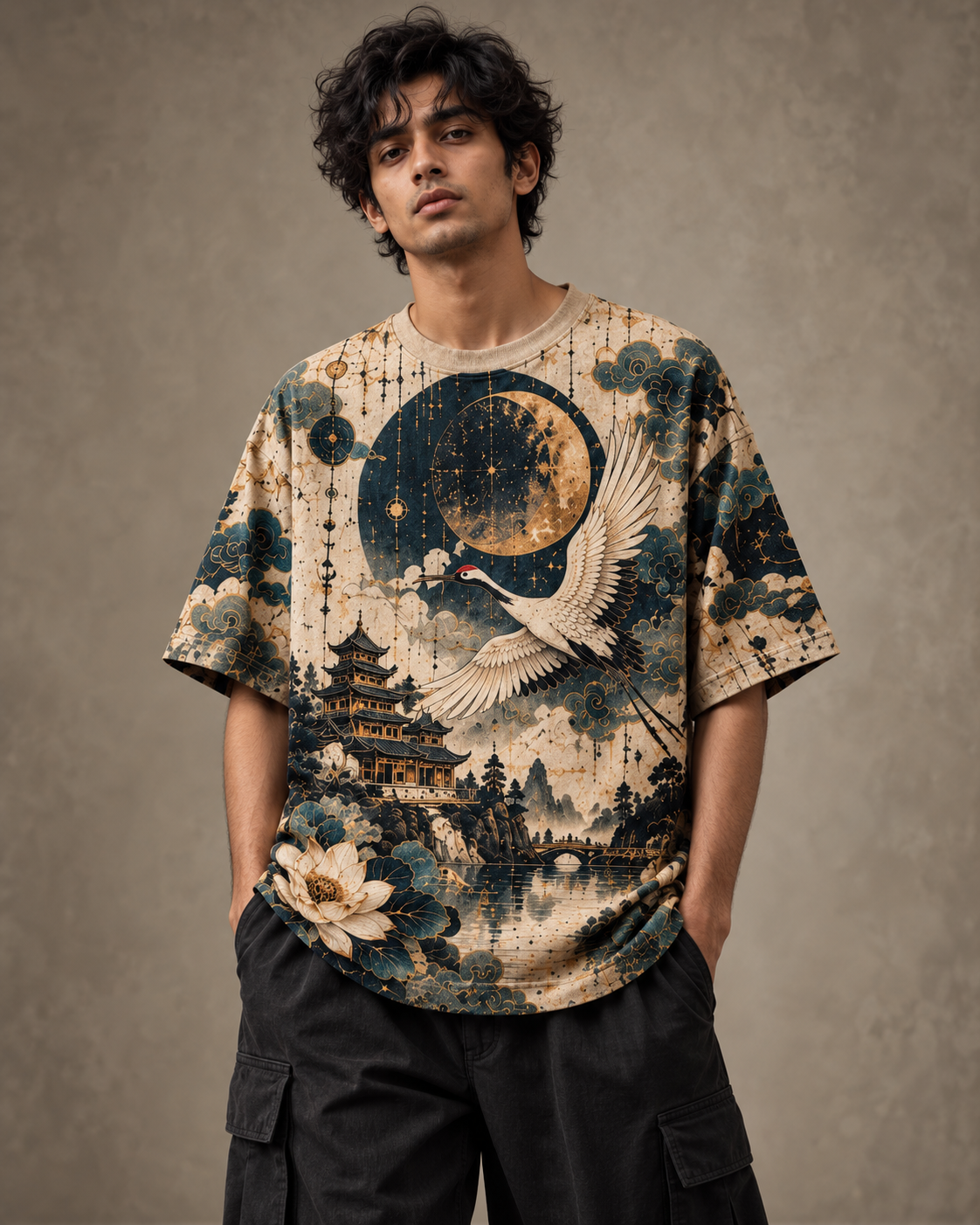 Moonlight Dreams men's oversized t-shirt with dark Varanasi grunge design by ZERO CODE - view 3