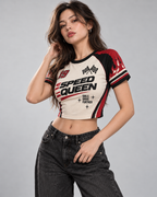 Speed Queen women's crop top with retro racing and Indian road-trip design by ZERO CODE - view 2