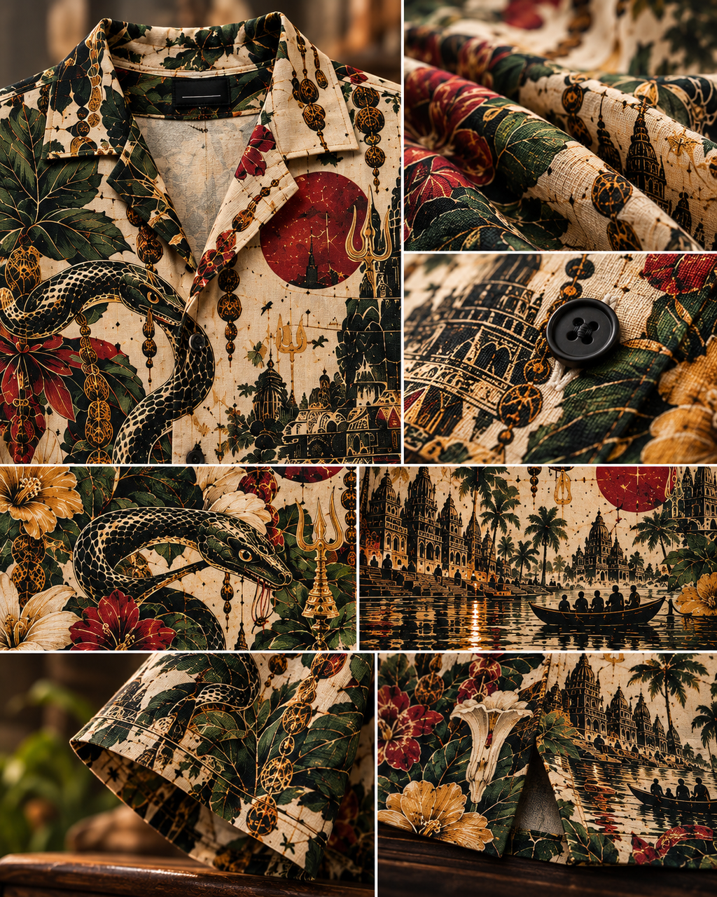 Serpent Paradise men's printed casual shirt with dark Varanasi grunge design by ZERO CODE - view 5