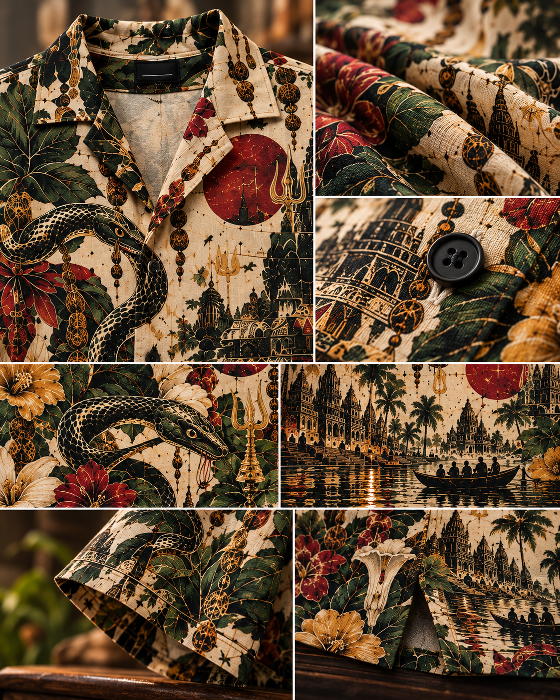 Serpent Paradise men's printed casual shirt with dark Varanasi grunge design by ZERO CODE - view 5