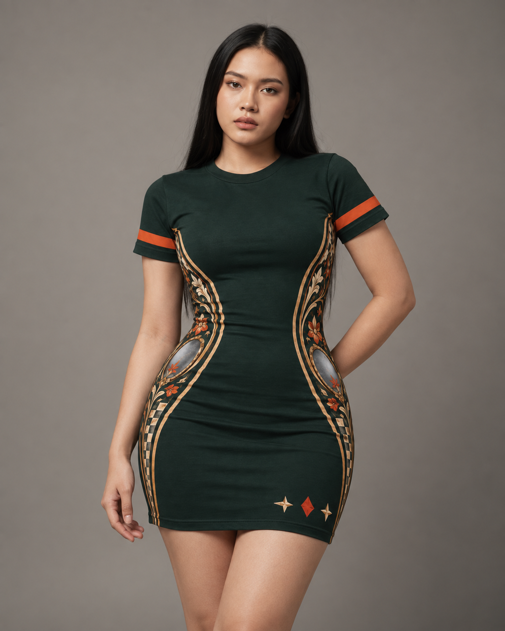 Mirror Signal women's bodycon mini dress with retro racing and Indian road-trip design by ZERO CODE - view 3