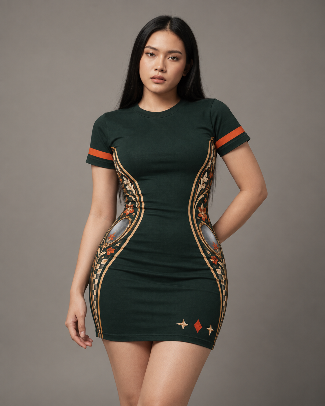 Mirror Signal women's bodycon mini dress with retro racing and Indian road-trip design by ZERO CODE - view 3