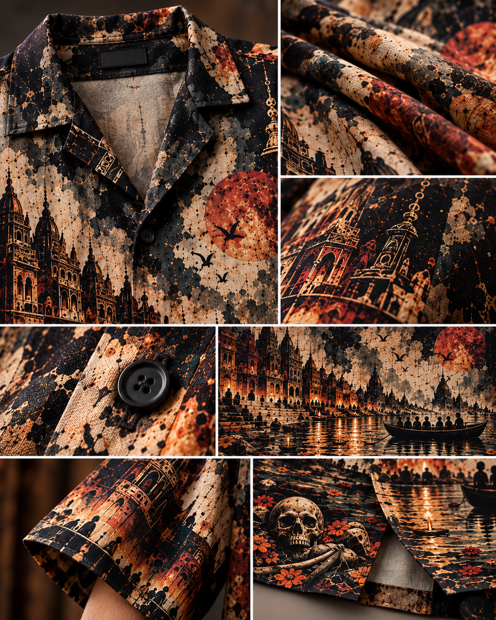 Cremation Tropicana men's printed casual shirt with dark Varanasi grunge design by ZERO CODE - view 5