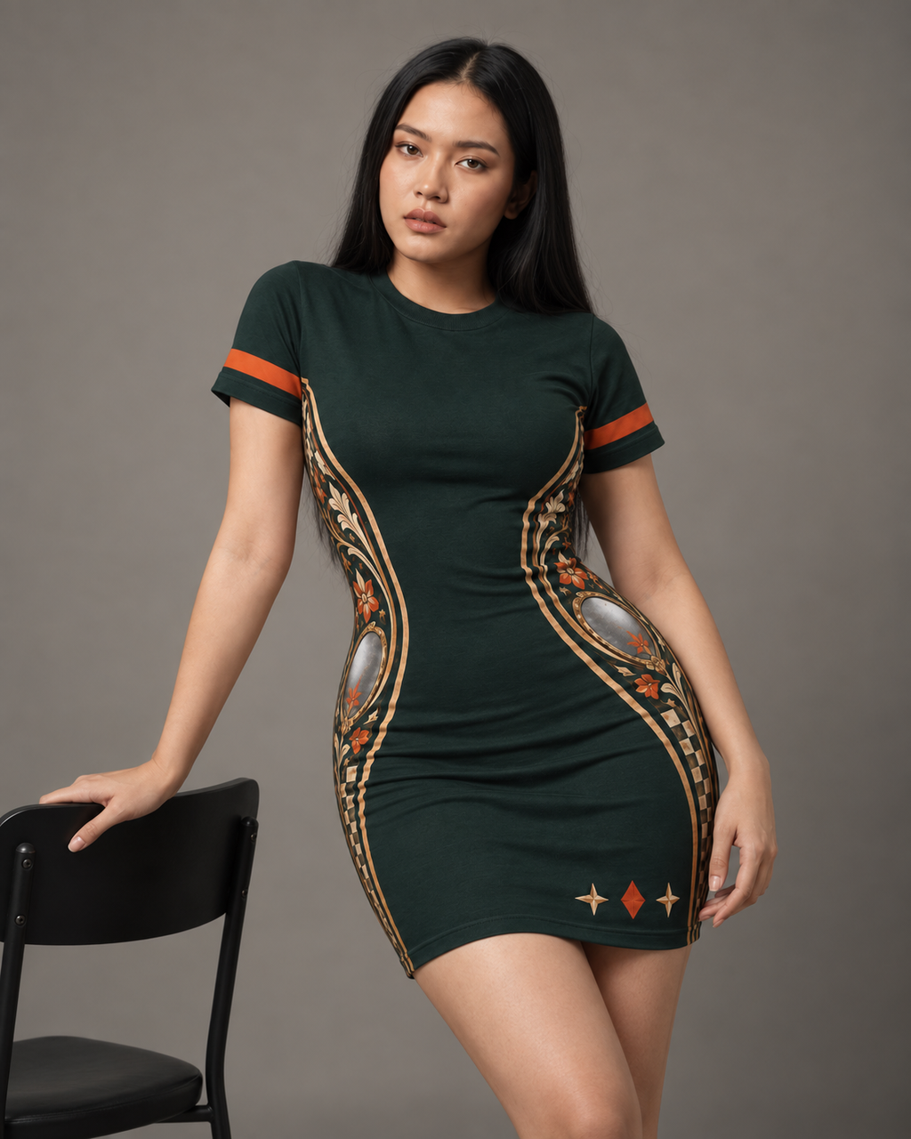 Mirror Signal women's bodycon mini dress with retro racing and Indian road-trip design by ZERO CODE - view 4