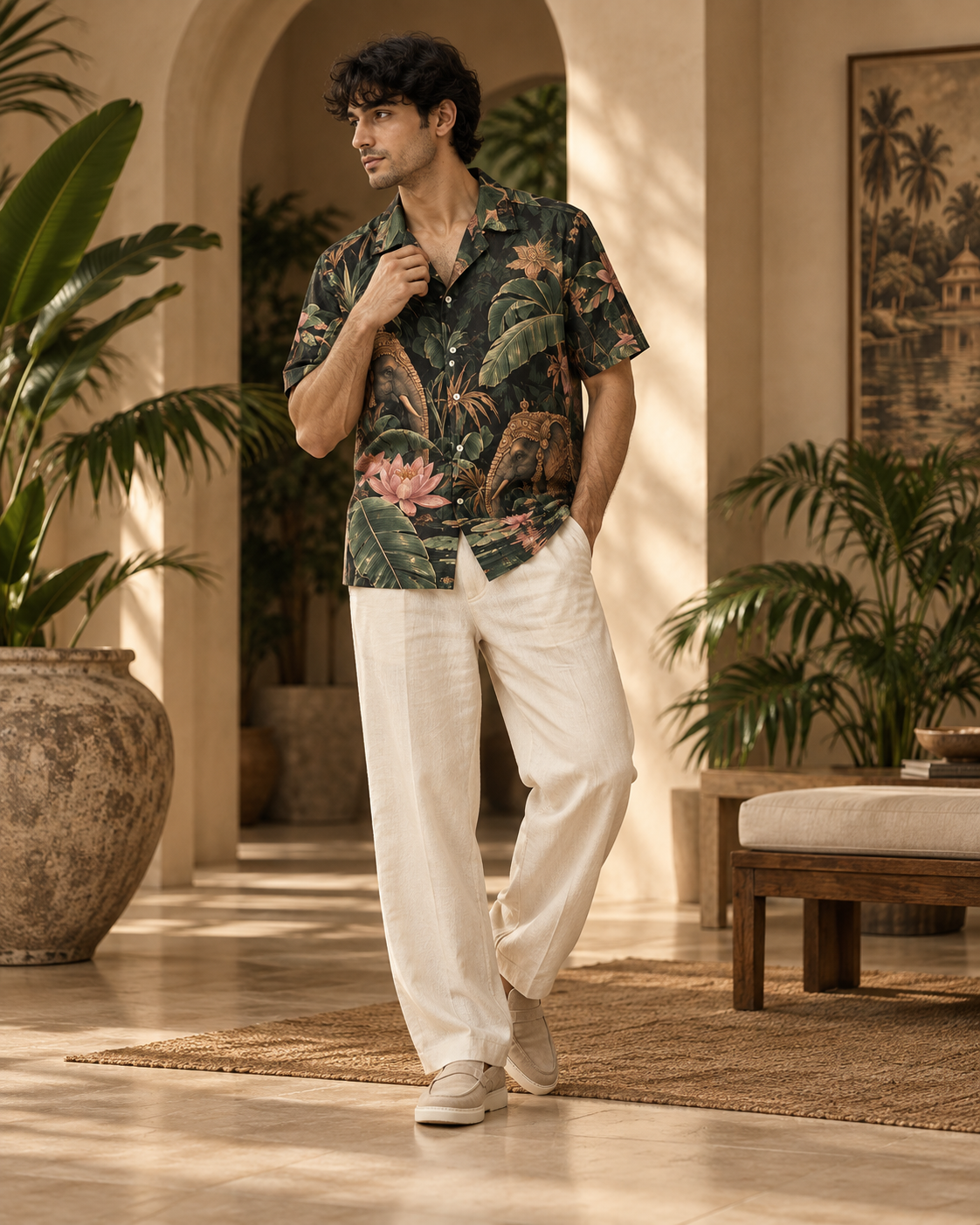 Elephant Lagoon men's printed casual shirt with tropical Indian resort design by ZERO CODE - view 2