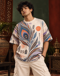 Peacock Static men's oversized t-shirt with Madhubani folk-art design by ZERO CODE