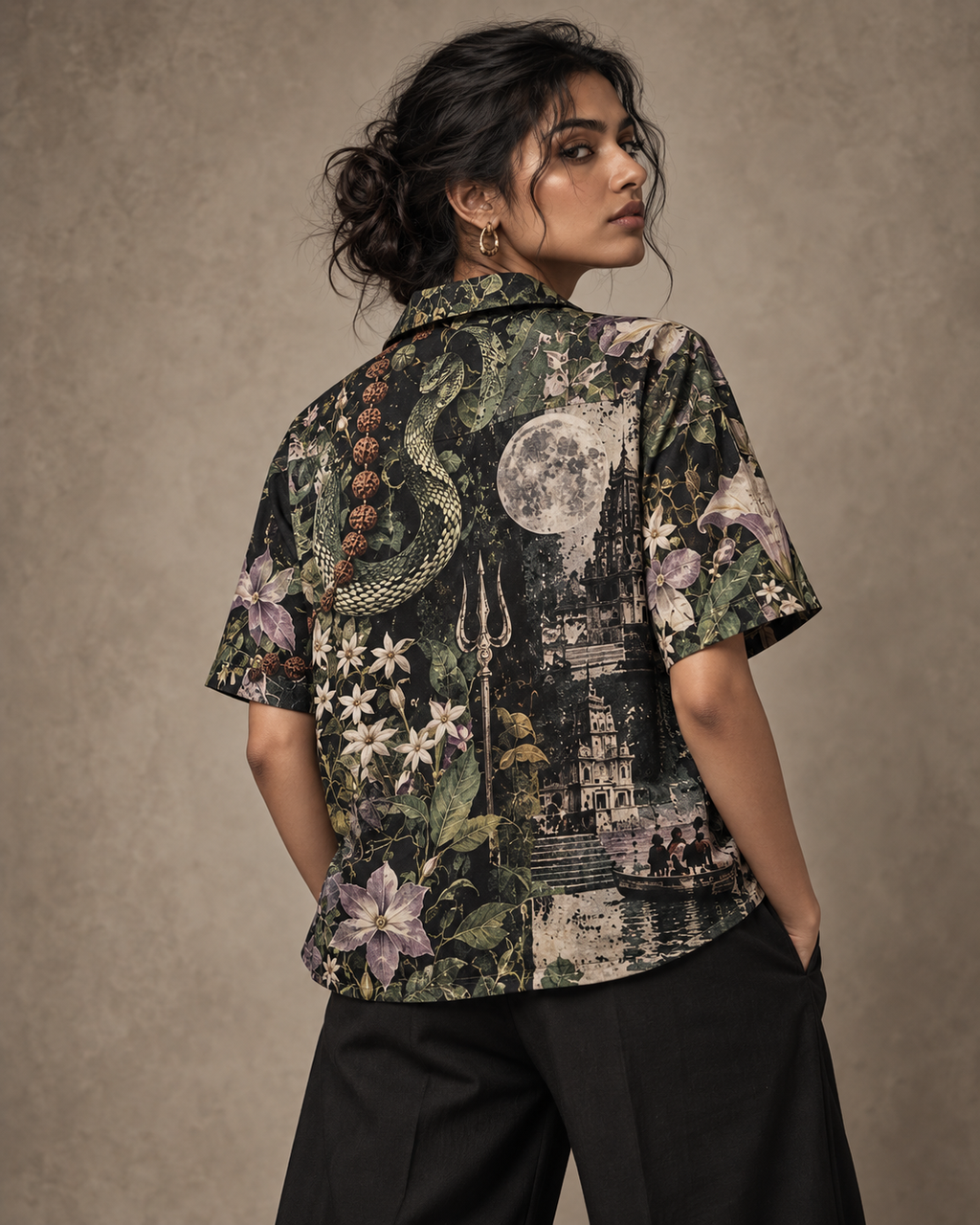 Poison Garden women's printed casual shirt with dark Varanasi grunge design by ZERO CODE - view 2