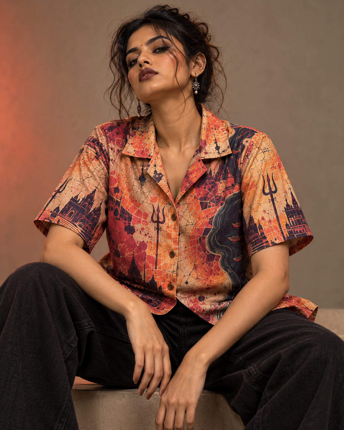 Banaras Heatmap women's printed casual shirt with dark Varanasi grunge design by ZERO CODE