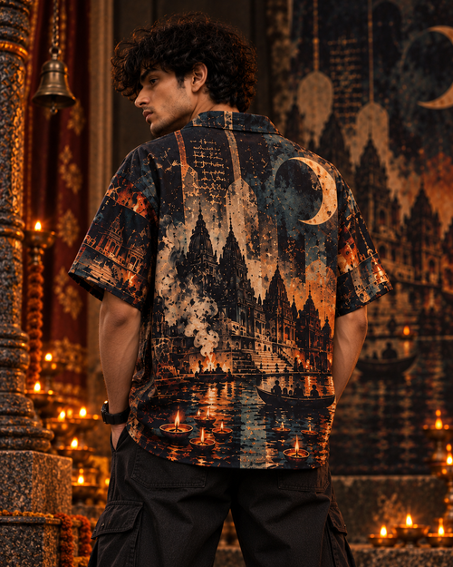 Banaras Nocturne men's printed casual shirt with dark Varanasi grunge design by ZERO CODE - view 2