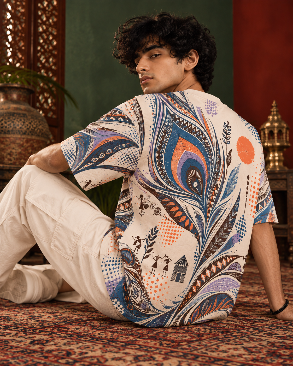 Peacock Static men's oversized t-shirt with Madhubani folk-art design by ZERO CODE - view 5