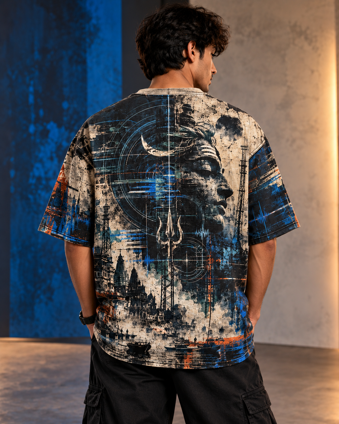 Rudra Transmission men's oversized t-shirt with dark Varanasi grunge design by ZERO CODE - view 2