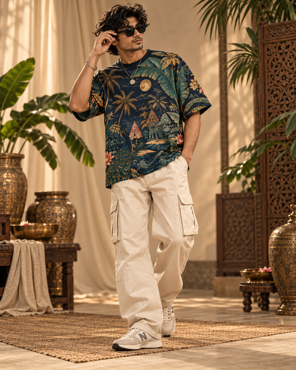 Malabar Nocturne men's oversized t-shirt with tropical Indian resort design by ZERO CODE - view 2