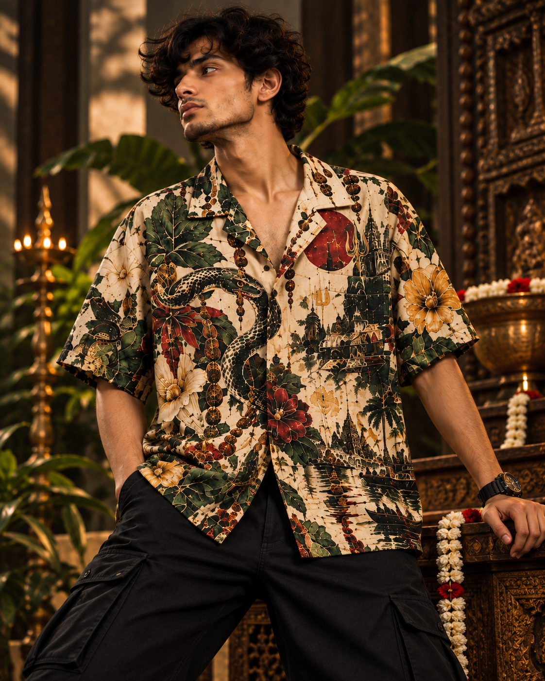 Serpent Paradise men's printed casual shirt with dark Varanasi grunge design by ZERO CODE - view 3