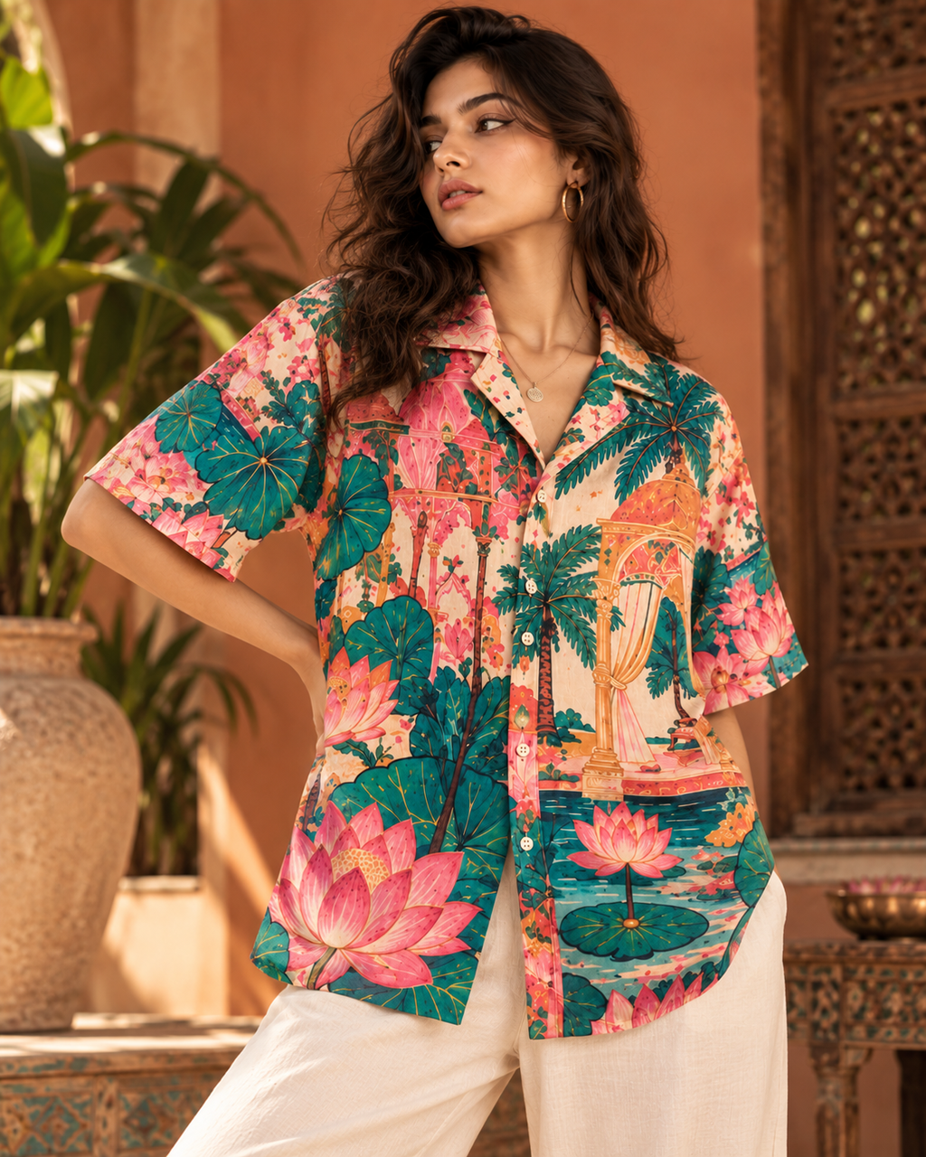 Lotus women's printed casual shirt with Madhubani folk-art design by ZERO CODE - view 3