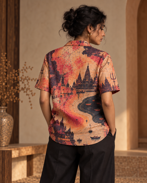 Banaras Heatmap women's printed casual shirt with dark Varanasi grunge design by ZERO CODE - view 2
