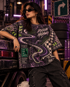 Poison Highway women's oversized t-shirt with retro racing and Indian road-trip design by ZERO CODE - view 5