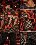 Burnout 77 men's oversized t-shirt with retro racing and Indian road-trip design by ZERO CODE - view 5