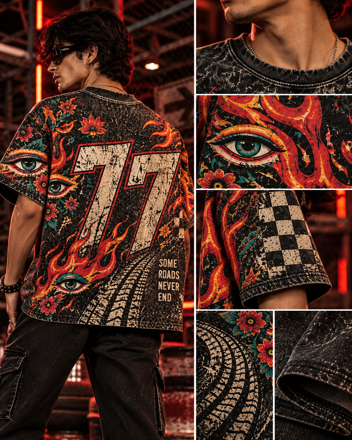 Burnout 77 men's oversized t-shirt with retro racing and Indian road-trip design by ZERO CODE - view 5