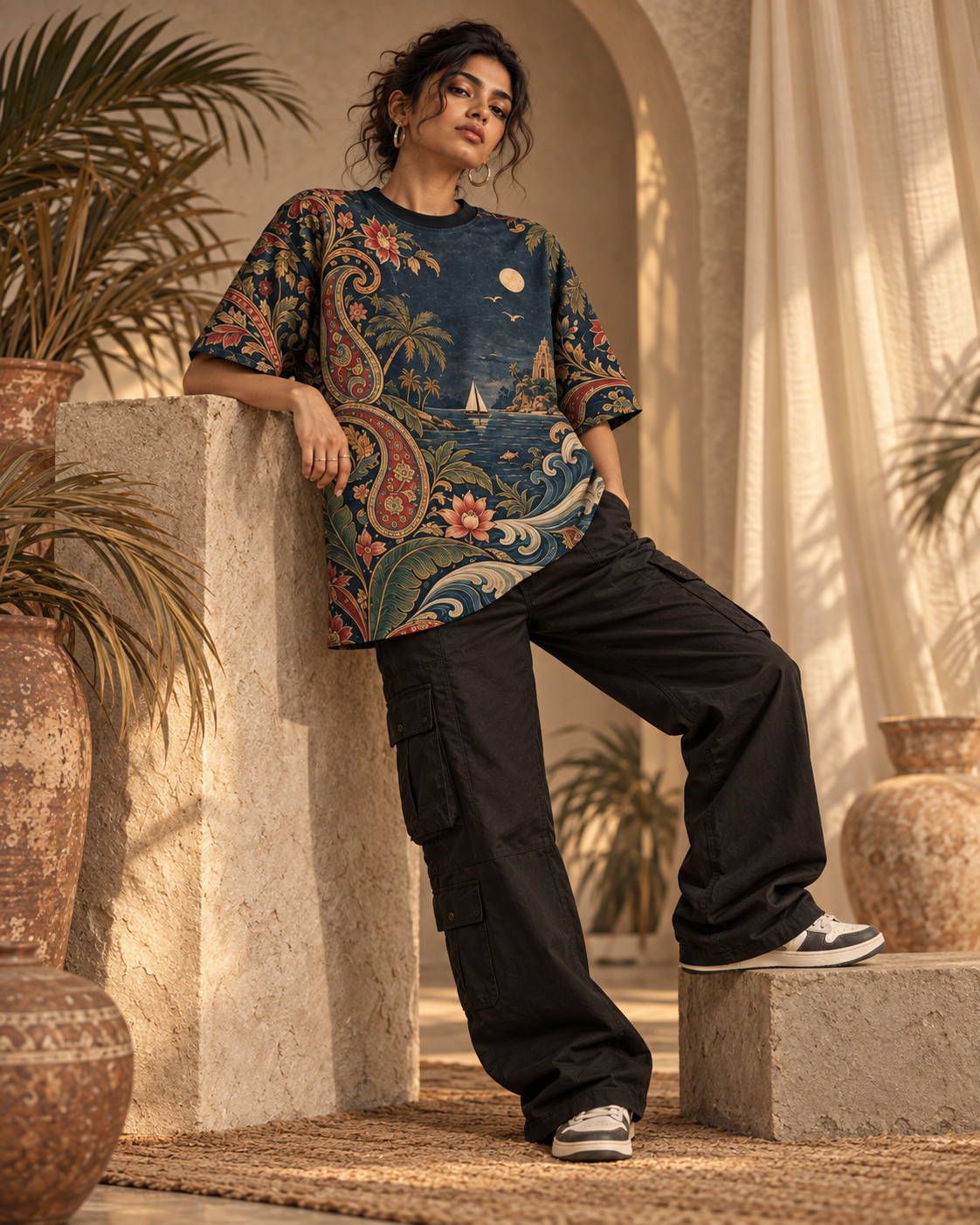 Kalamkari Tide women's oversized t-shirt with tropical Indian resort design by ZERO CODE - view 4