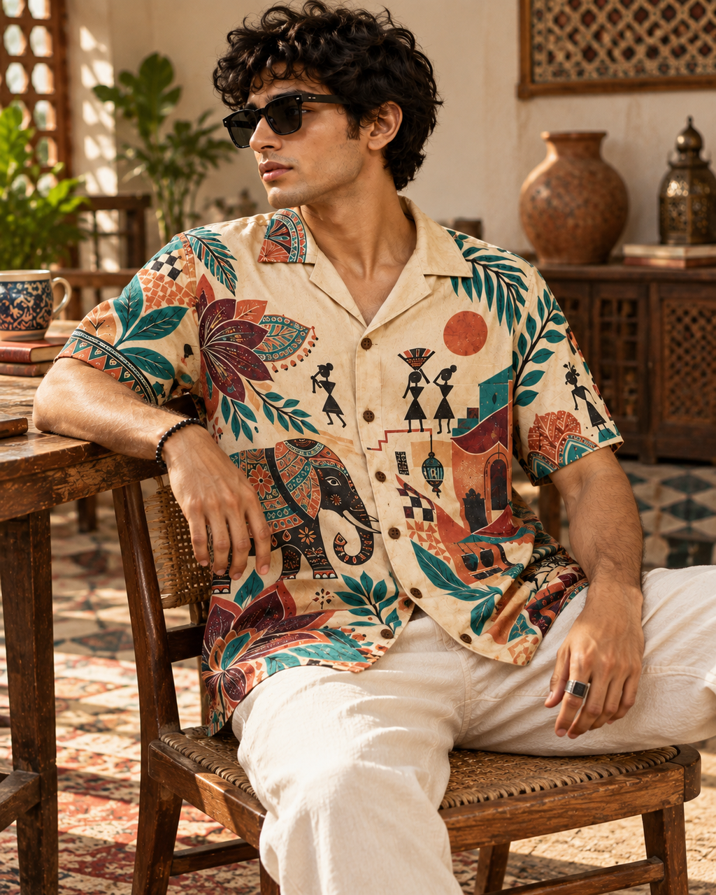 Warli Vacation Club men's printed casual shirt with Warli folk-art design by ZERO CODE