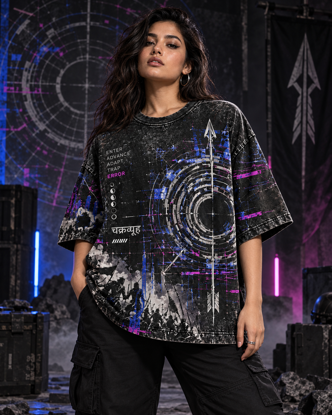 Chakravyuh Error women's oversized t-shirt with Indian mythology design by ZERO CODE - view 5