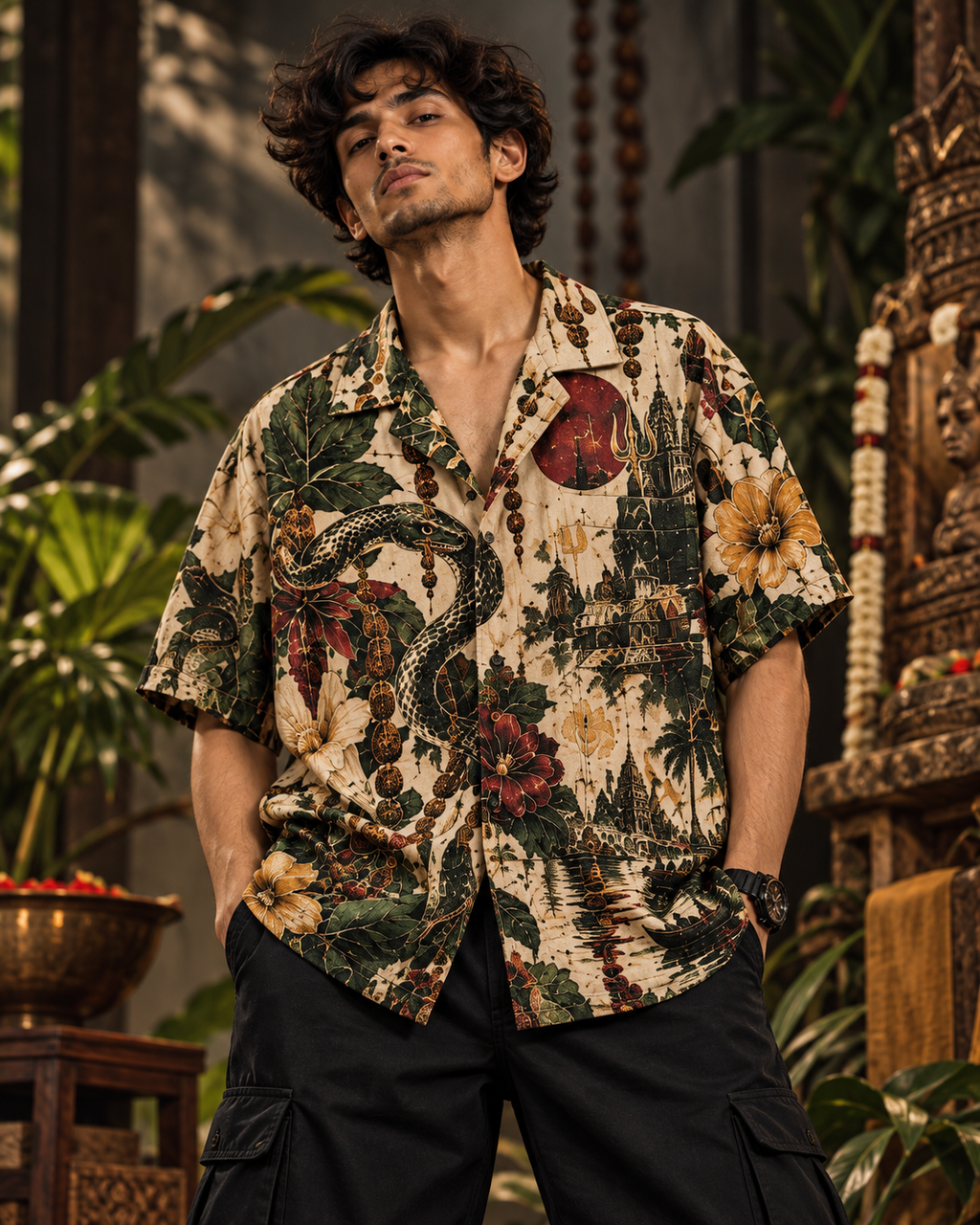 Serpent Paradise men's printed casual shirt with dark Varanasi grunge design by ZERO CODE