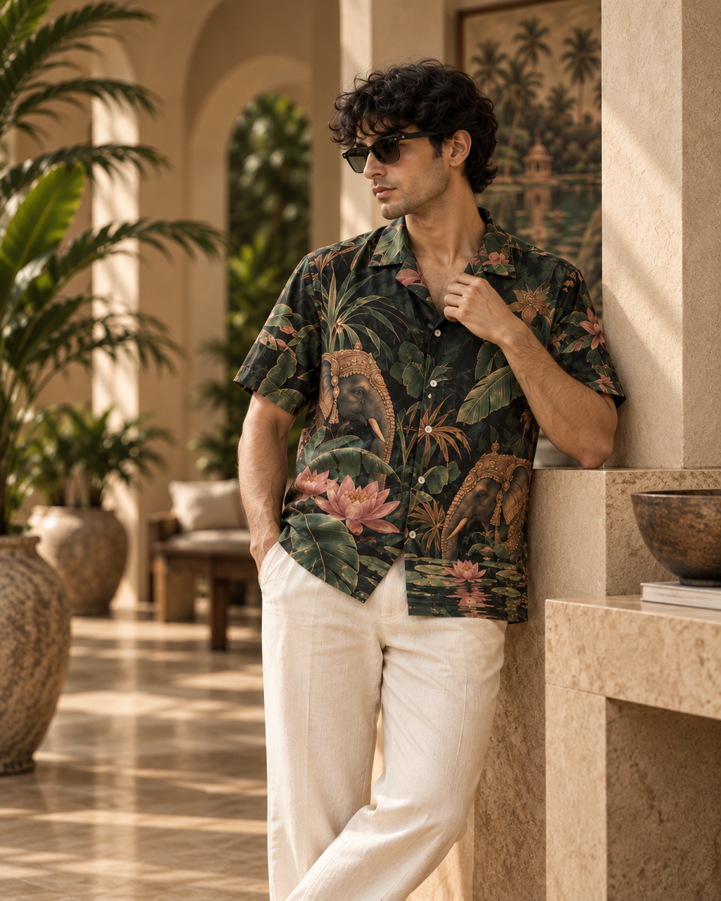 Elephant Lagoon men's printed casual shirt with tropical Indian resort design by ZERO CODE