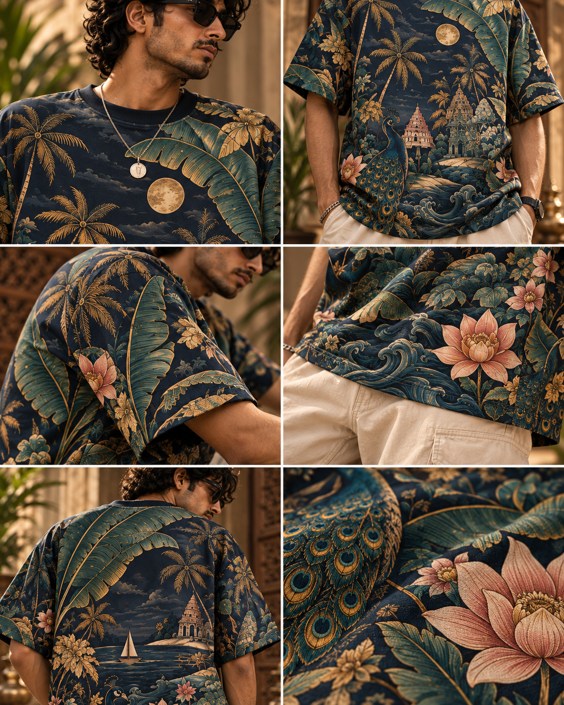 Malabar Nocturne men's oversized t-shirt with tropical Indian resort design by ZERO CODE - view 5