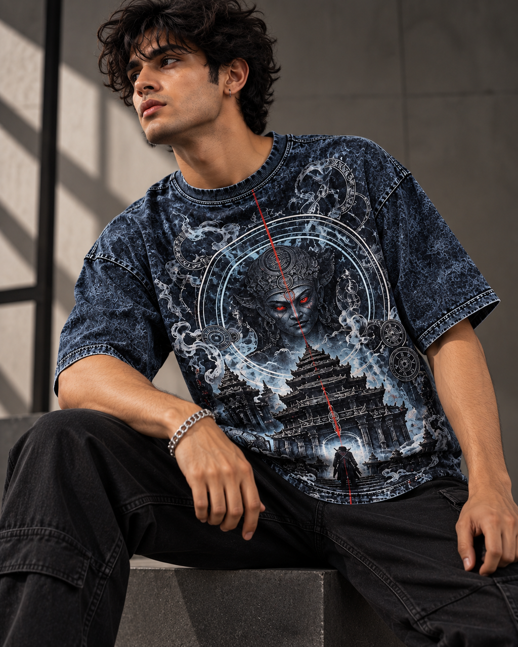 Indigo Spirit men's oversized t-shirt with Theyyam anime design by ZERO CODE - view 3
