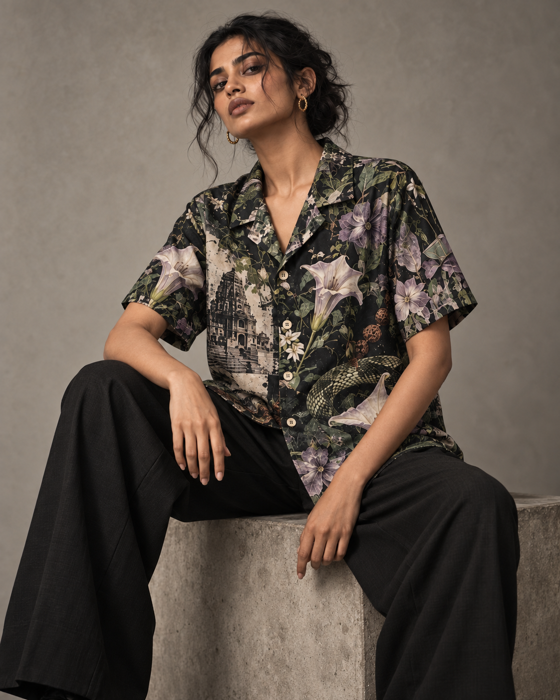 Poison Garden women's printed casual shirt with dark Varanasi grunge design by ZERO CODE - view 3