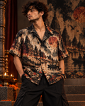 Cremation Tropicana men's printed casual shirt with dark Varanasi grunge design by ZERO CODE