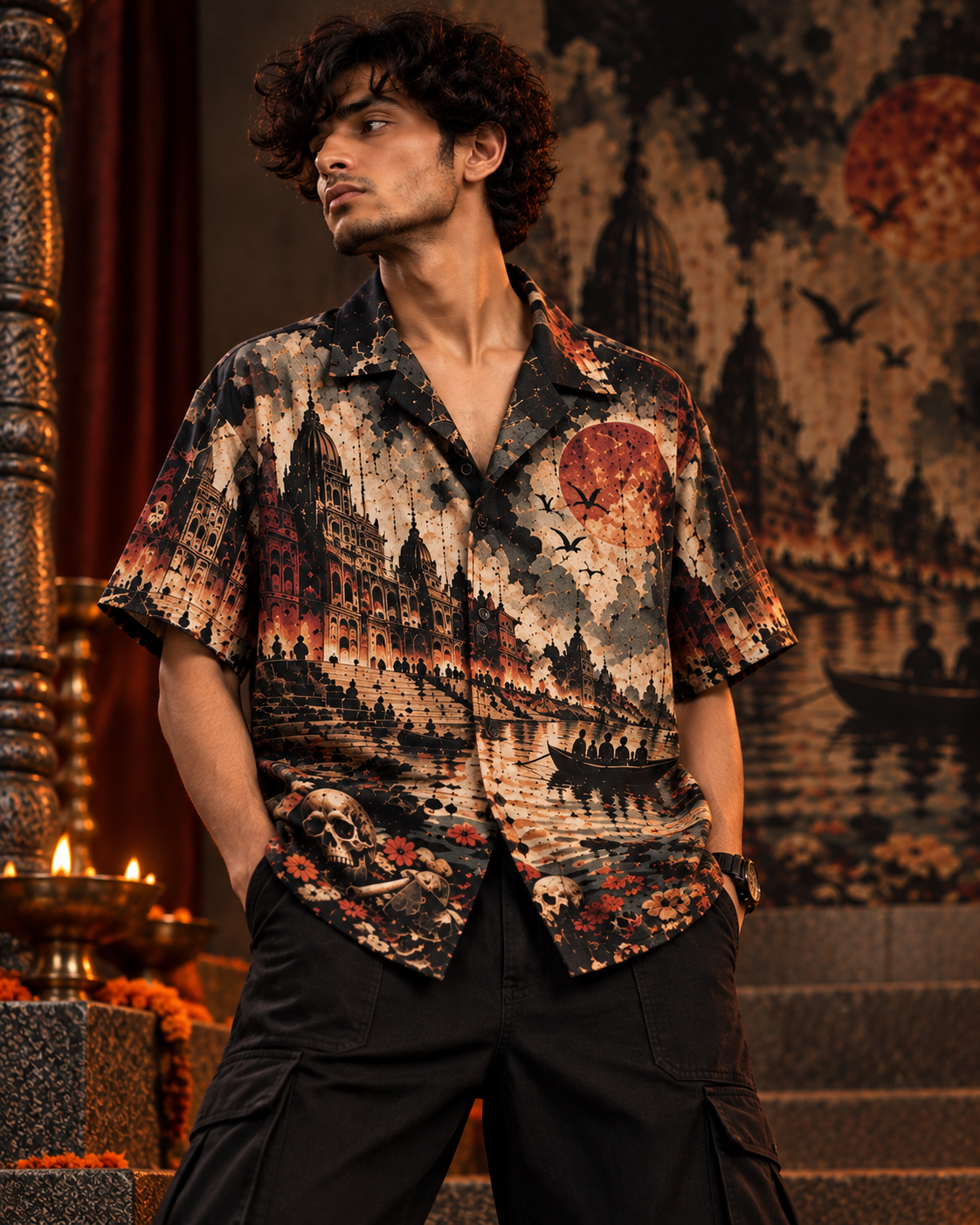 Cremation Tropicana men's printed casual shirt with dark Varanasi grunge design by ZERO CODE