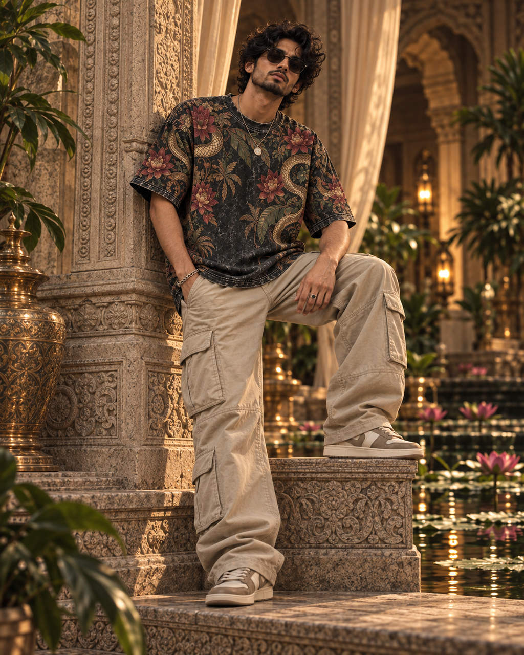 Serpent Garden men's oversized t-shirt with tropical Indian resort design by ZERO CODE - view 5