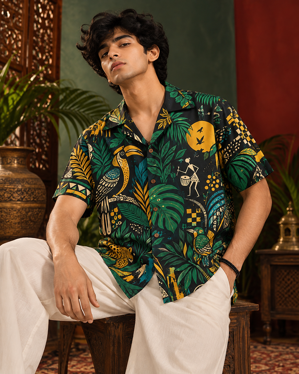 Jungle Radio men's printed casual shirt with Madhubani folk-art design by ZERO CODE