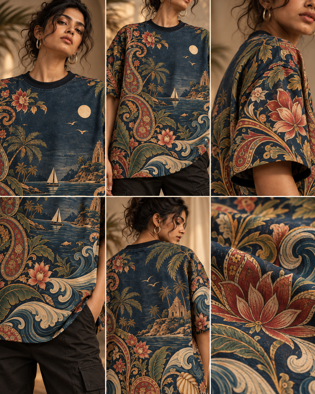 Kalamkari Tide women's oversized t-shirt with tropical Indian resort design by ZERO CODE - view 5