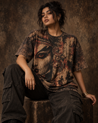 Burnt Manuscript women's oversized t-shirt with Theyyam anime design by ZERO CODE