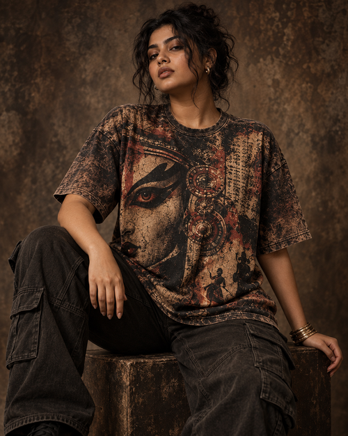 Burnt Manuscript women's oversized t-shirt with Theyyam anime design by ZERO CODE