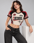 Speed Queen women's crop top with retro racing and Indian road-trip design by ZERO CODE - view 4