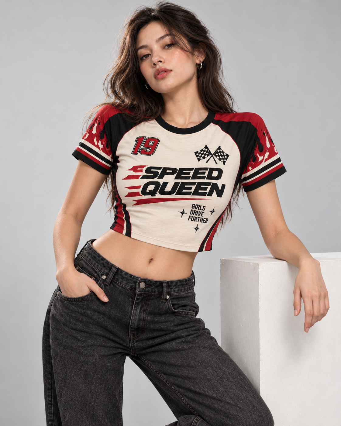 Speed Queen women's crop top with retro racing and Indian road-trip design by ZERO CODE - view 4