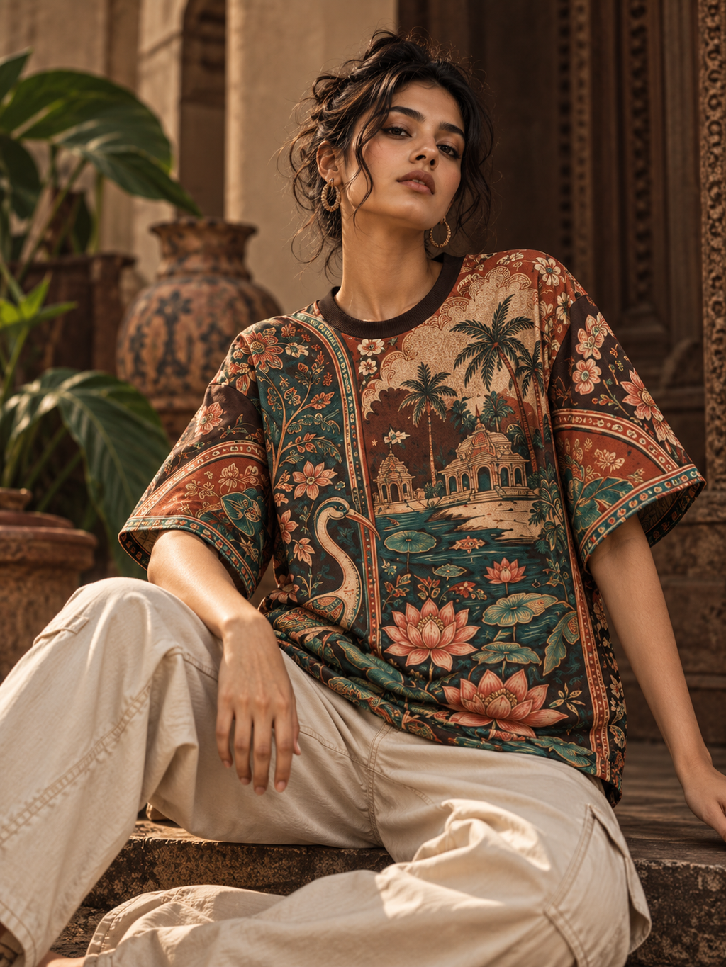 Pattachitra Paradise women's oversized t-shirt with tropical Indian resort design by ZERO CODE